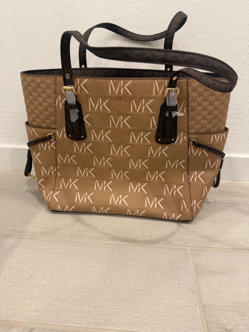Michael Kors Tan MK Logo Shoulder Tote with Brown Trim - Picture 2 of 6